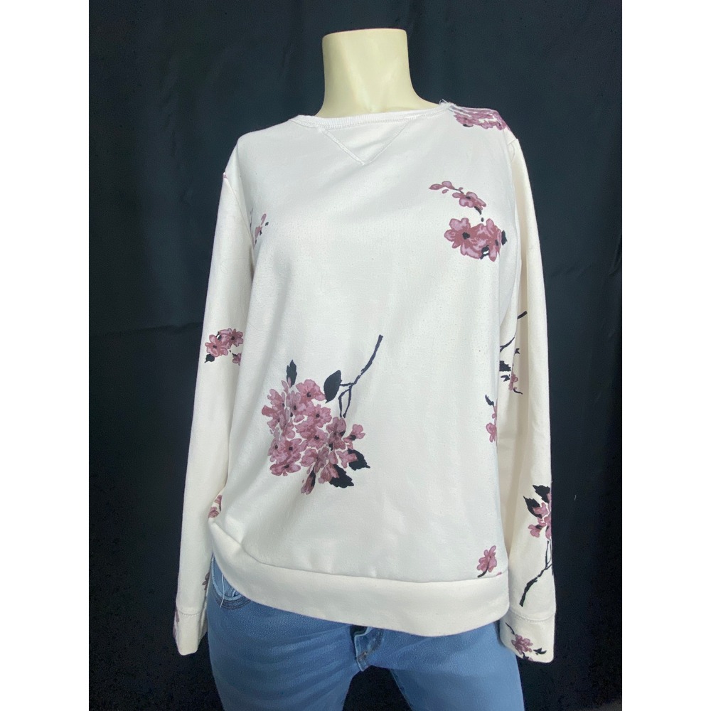 DYNAMITE Floral Print Sweatshirt Crew Neck Long Sleeve Cream Size M